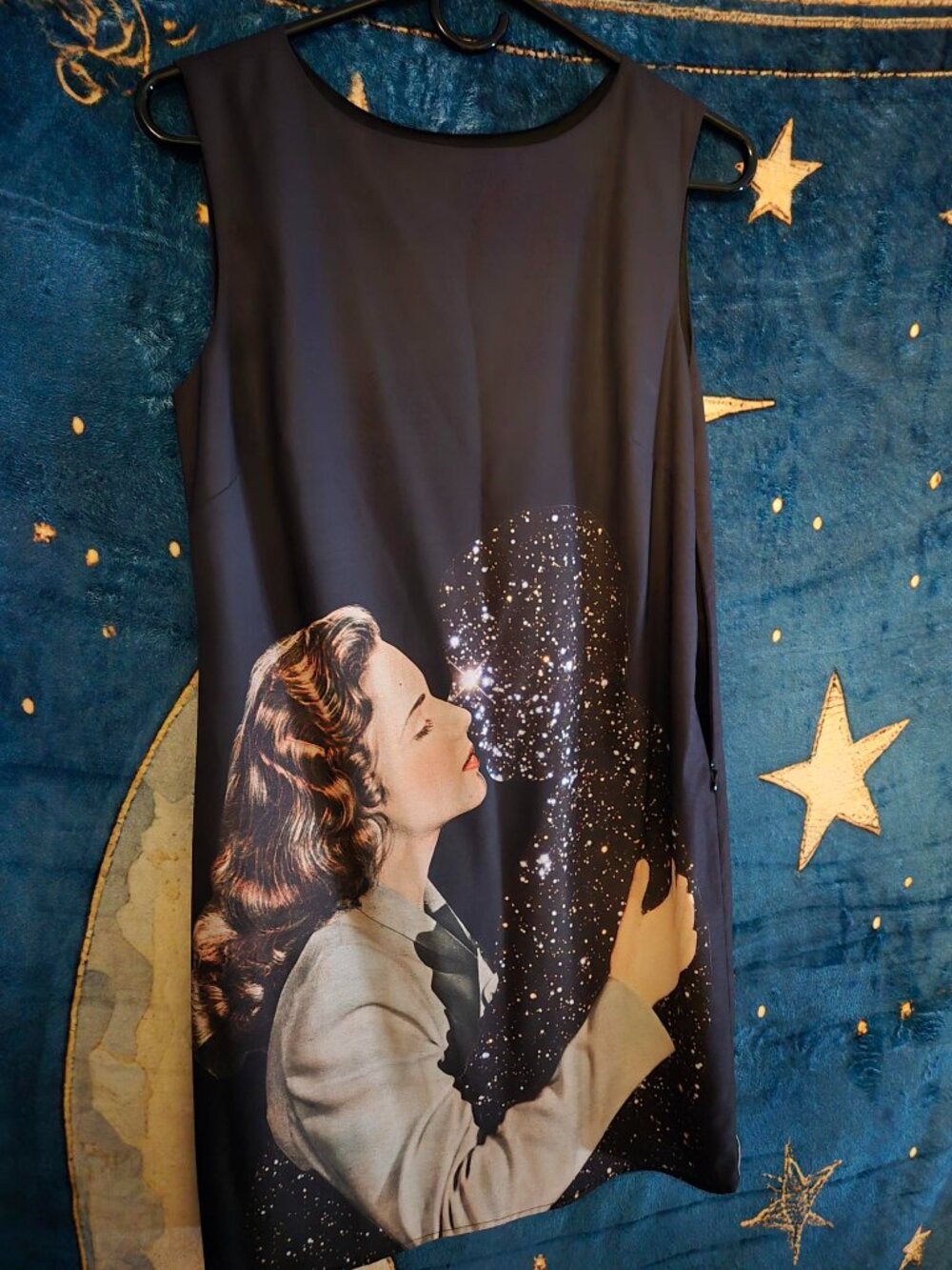 Black Graphic Midi Dress with Romantic Cosmic Print